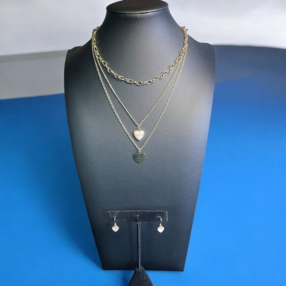 Isaac Mizrahi Gold Layered Heart Pendant Necklace/Earring Set Love Charm Dainty - Picture 1 of 10